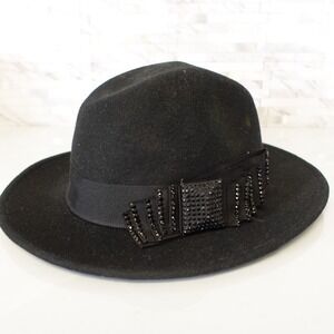 Scala Hat Womens Black Wool Felt Fedora Hat Beaded Crushable Classic Hat